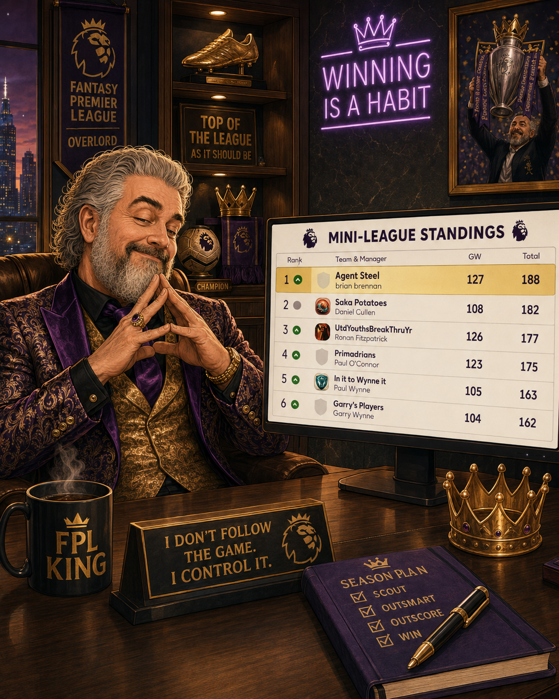 Illustrated Fantasy Football manager beside the Gameweek 2 mini-league standings